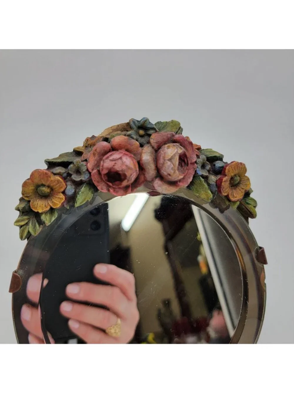 Antique Barbola Vanity Dresser Mirror With Flowers